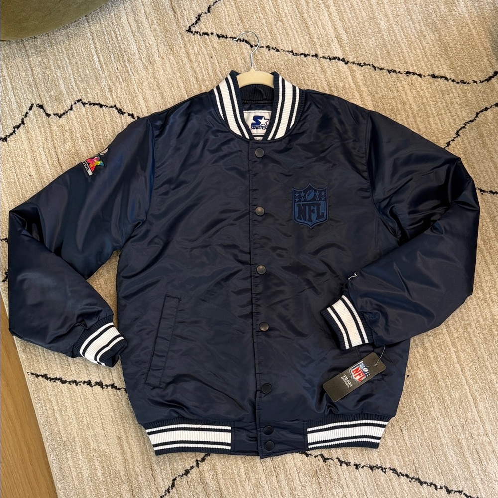 NWT STARTER Navy Satin Bomber Super Bowl LX Jacket